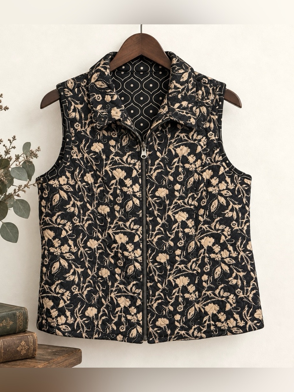 Reversible Quilted Vest Black Tan Floral Geometric Dark Cottagecore XL